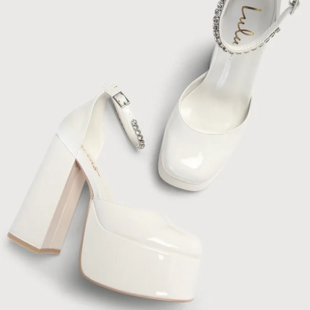 NWT • still in box • white patent rhinestone platform pumps